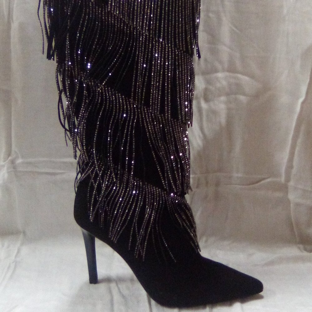 INC Womens Black Metallic Fringed Shynf Pointed Toe Stiletto Knee-Hi Dress Boot - Picture 1 of 7